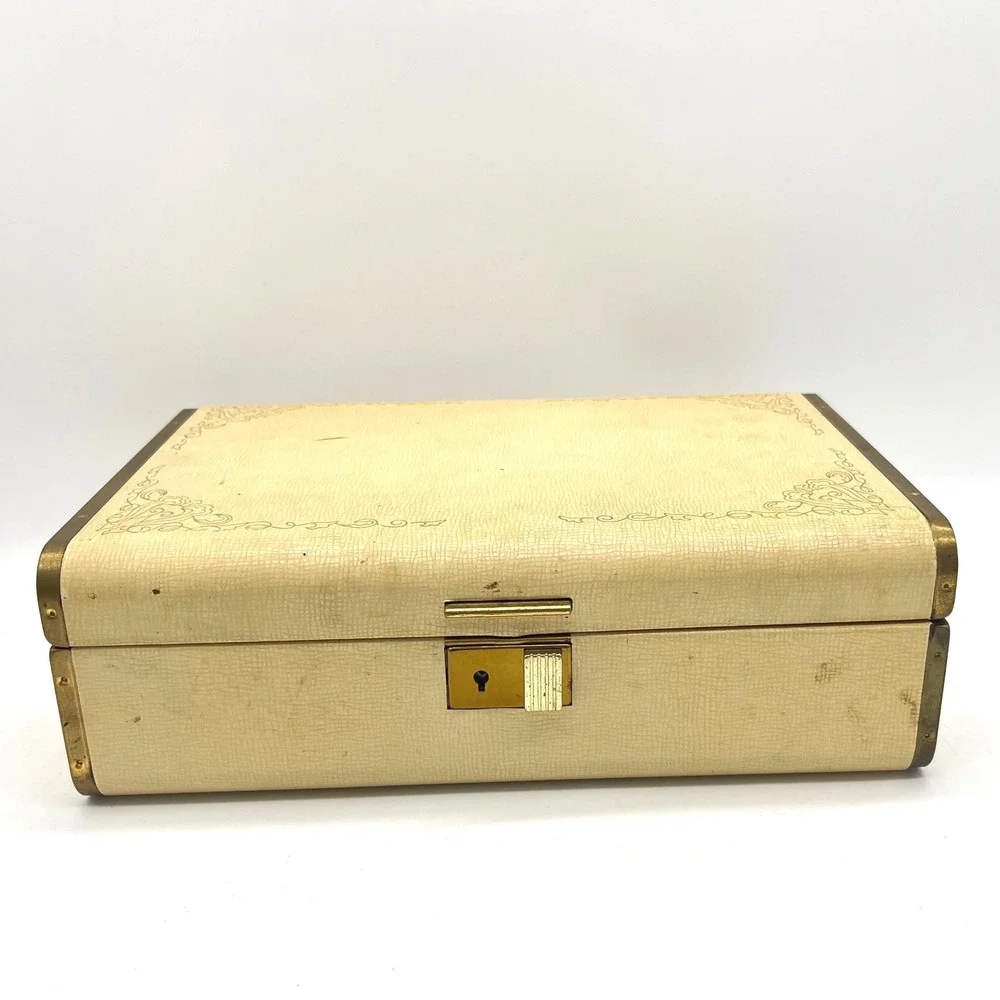 Vintage Farrington Jewelry Box Cream Faux Leather Gold Scrollwork Purple Velvet